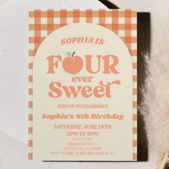 Four Ever Sweet Peach Orange 4th Birthday Party Invitation (Creator Uploaded)