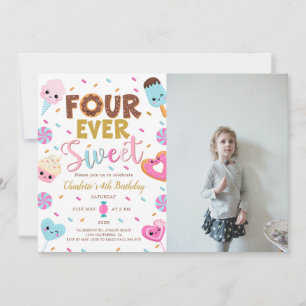 Four Ever Sweet Photo Birthday Doughnut 4th Birthd Invitation
