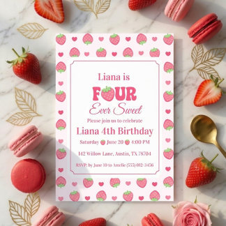 Four Ever Sweet Pink Strawberry Girl 4th Birthday Invitation