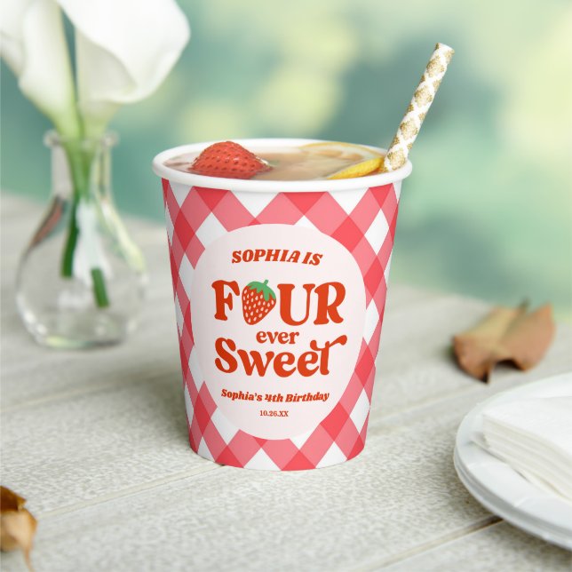 Four Ever Sweet Strawberry 4th Birthday Party Paper Cups (Insitu)