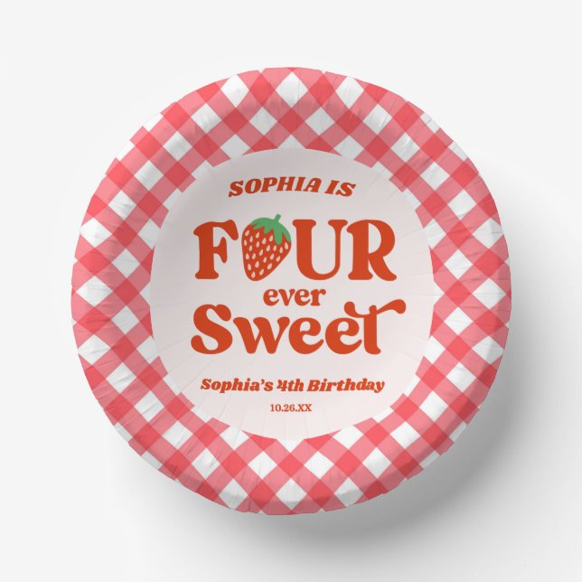 Four Ever Sweet Strawberry 4th Birthday Party Paper Plate (Front)