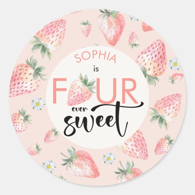 Four ever sweet strawberry kids birthday classic round sticker (Front)