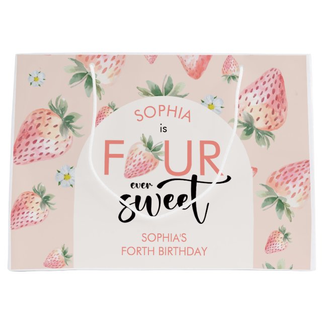 Four ever sweet strawberry kids birthday large gift bag (Front)