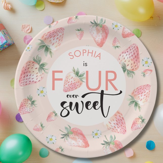 Four ever sweet strawberry kids birthday paper plate (Creator Uploaded)