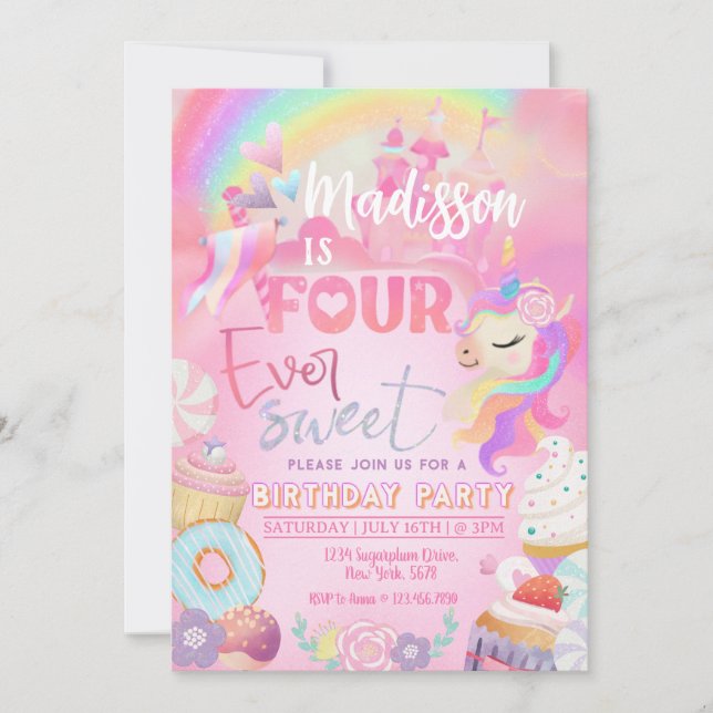 Four ever Sweet Unicorn Doughnut Sweet 4th  Invitation (Front)