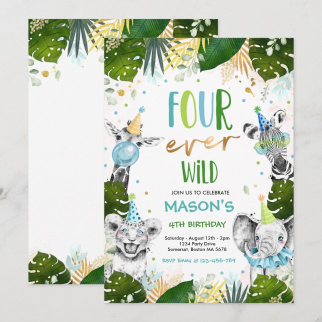Four Ever Wild 4th Birthday Safari Animals Party Invitation (Front/Back)