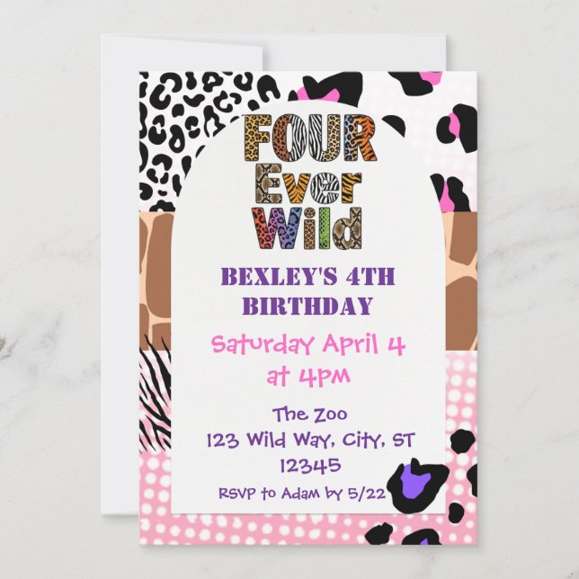 Four Ever Wild Animal Print Girls Birthday Invitation (Front)