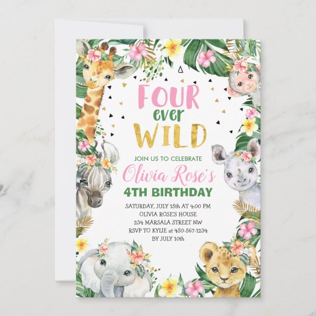 Four Ever Wild Birthday Jungle Safari Invitation (Front)