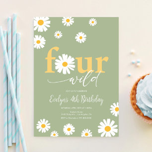 FOUR Ever Wild Boho Sage Green Daisy 4th Birthday Invitation