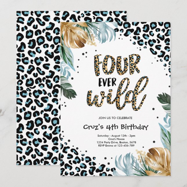 Four Ever Wild Boy Jungle Leopard Print Birthday Invitation (Front/Back)