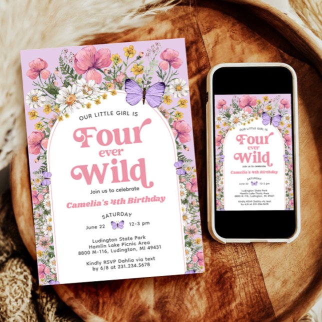 Four Ever Wild Butterfly Wildflower 4th Birthday Invitation (Four Ever Wild Butterfly Wildflower 4th Birthday Invitation)