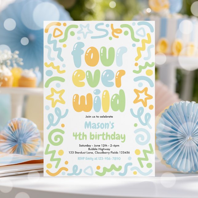 Four Ever Wild Confetti Balloon 4th Birthday  Invitation (Creator Uploaded)