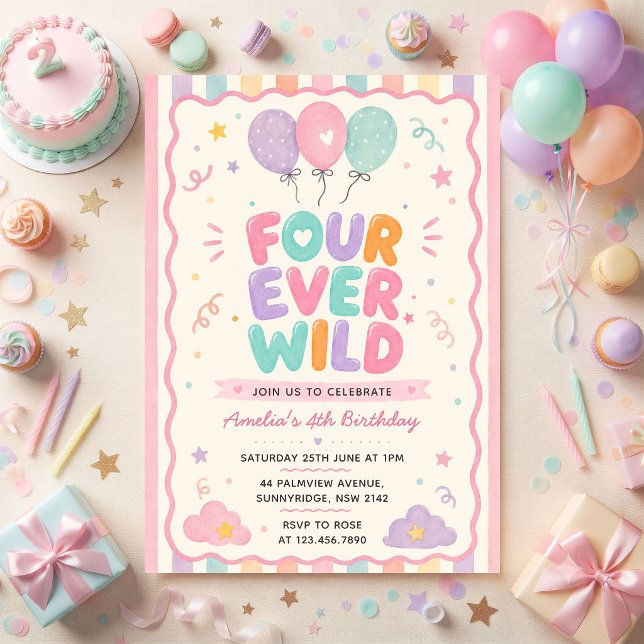 Four Ever Wild Confetti Balloon 4th Birthday Invitation (Creator Uploaded)