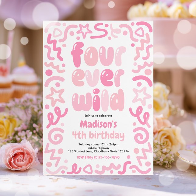 Four Ever Wild Confetti Balloon 4th Birthday  Invitation (Creator Uploaded)