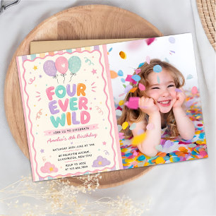 Four Ever Wild Confetti Balloon 4th Birthday Photo Invitation