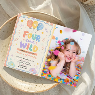 Four Ever Wild Confetti Balloon 4th Birthday Photo Invitation