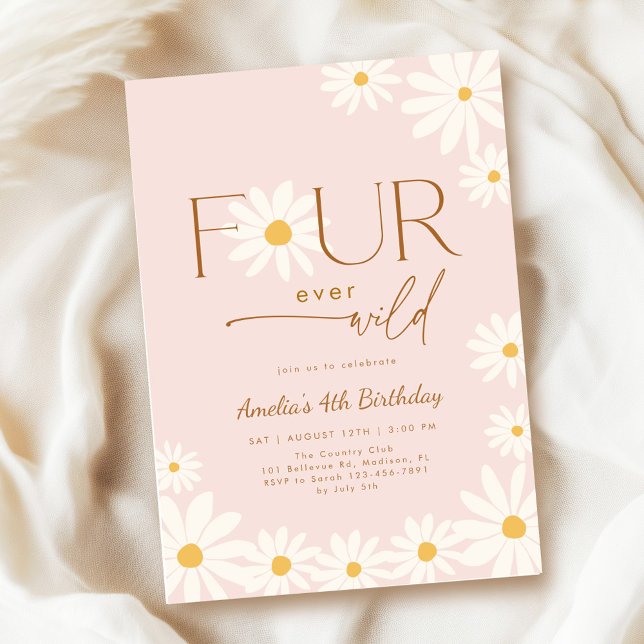 FOUR ever Wild Daisy Floral 4th Birthday Invitation (Creator Uploaded)