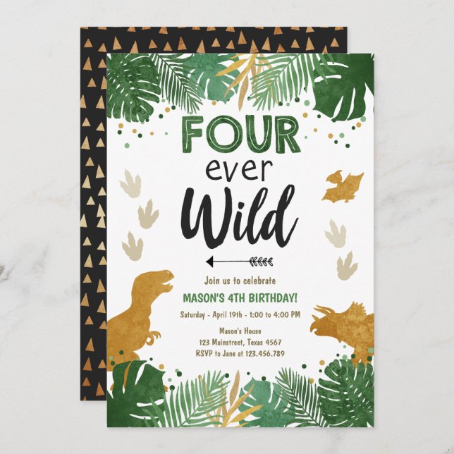 Four ever Wild Dino Boy Gold Dinosaur Birthday Invitation (Front/Back)