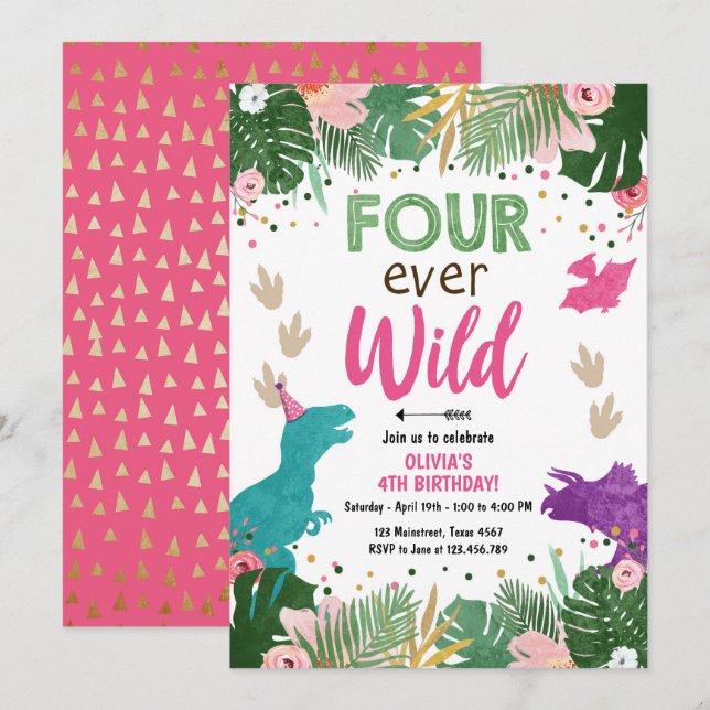 Four ever Wild Dino Girl Pink Dinosaur Birthday Invitation (Front/Back)
