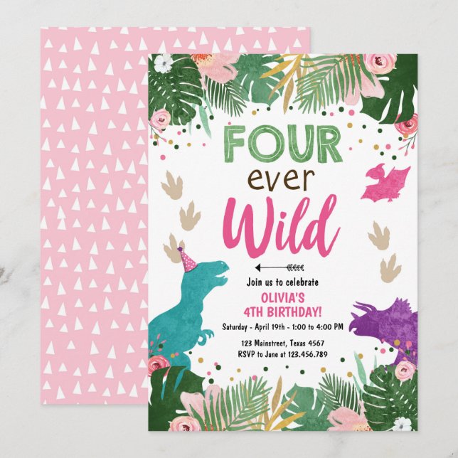 Four ever Wild Dino Girl Pink Dinosaur Birthday Invitation (Front/Back)