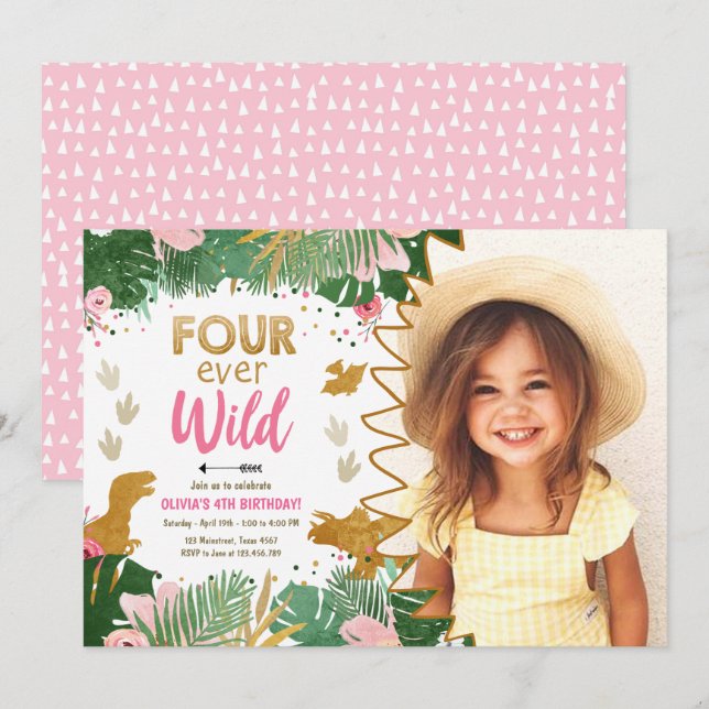 Four ever Wild DinoGirl Pink Dinosaur 4th Birthday Invitation (Front/Back)