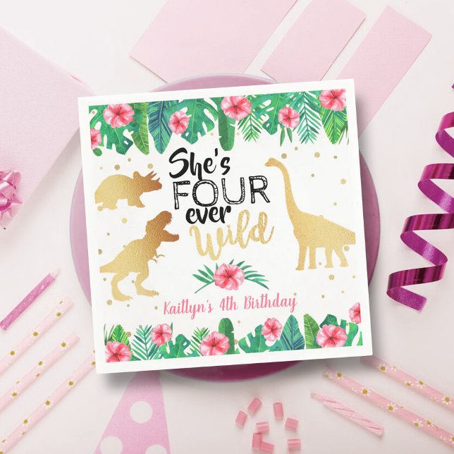 Four Ever Wild Dinosaur Girls 4th Birthday Napkin (Creator Uploaded)