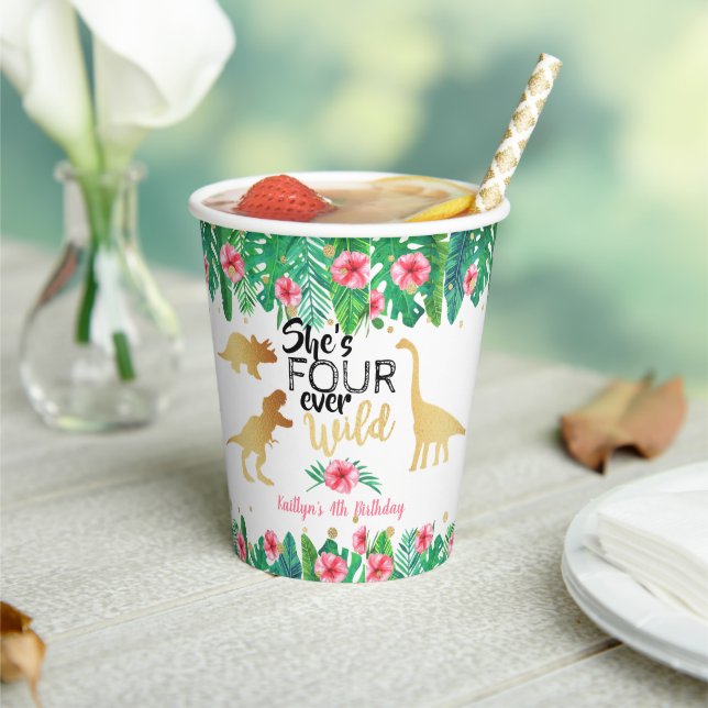 Four Ever Wild Dinosaur Girls 4th Birthday Paper Cups (Insitu)