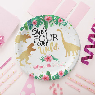 Four Ever Wild Dinosaur Girls 4th Birthday Paper Plate