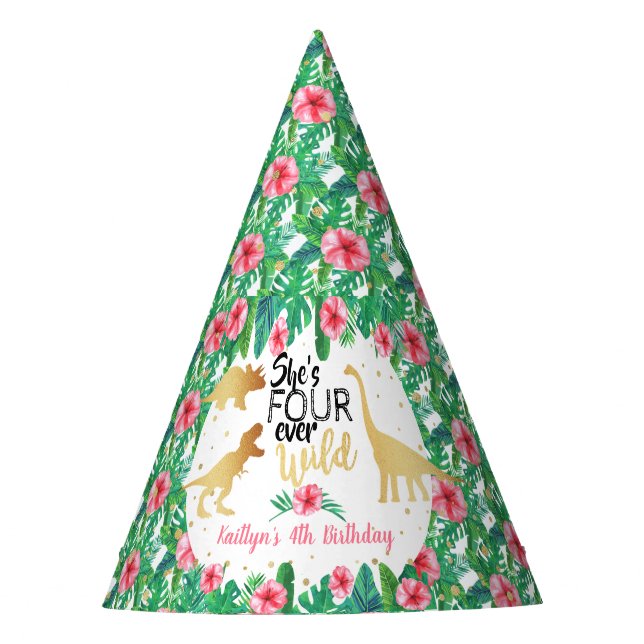 Four Ever Wild Dinosaur Girls 4th Birthday Party Hat (Front)