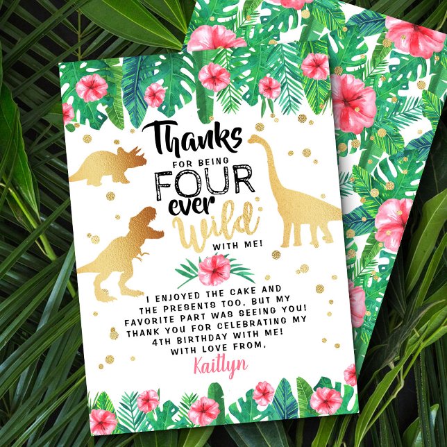 Four Ever Wild Dinosaur Girls 4th Birthday Thank You Card (Creator Uploaded)