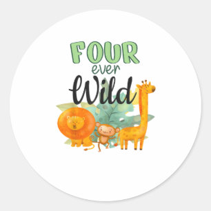 FOUR ever Wild Giraffe Monkey Lion Jungle 4th Birt Classic Round Sticker