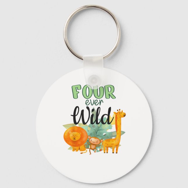 FOUR ever Wild Giraffe Monkey Lion Jungle 4th Birt Key Ring (Front)