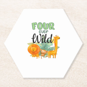 FOUR ever Wild Giraffe Monkey Lion Jungle 4th Birt Paper Coaster