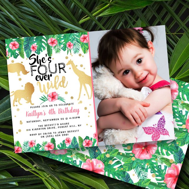 Four Ever Wild Girls 4th Birthday Photo Invitation (Creator Uploaded)