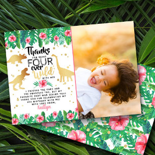 Four Ever Wild Girls Dinosaur 4th Birthday Photo Thank You Card