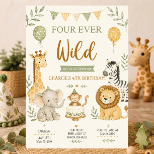 Four Ever Wild Jungle Animals 4th Birthday Boy Invitation