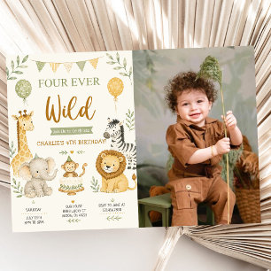 Four Ever Wild Jungle Animals 4th Birthday Photo Invitation