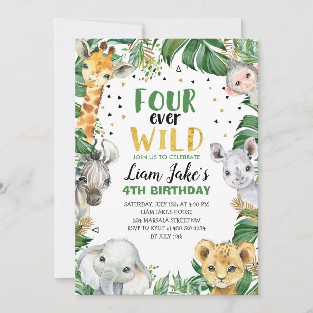 Four Ever Wild Jungle Safari 4th Birthday Party Invitation (Front)