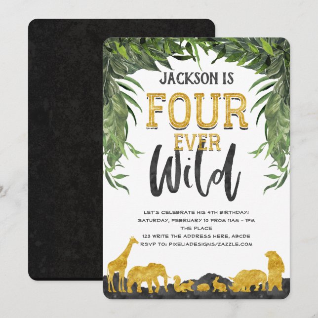 Four ever wild, Jungle safari animal, 4th birthday Invitation (Front/Back)