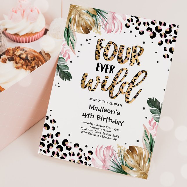Four Ever Wild Leopard Print 4th Birthday Party Invitation (Creator Uploaded)