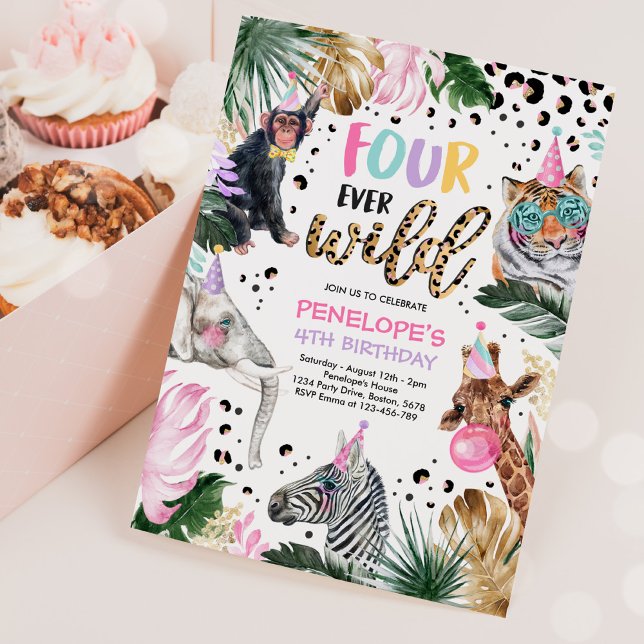 Four Ever Wild Leopard Safari Animals 4th Birthday Invitation (Creator Uploaded)