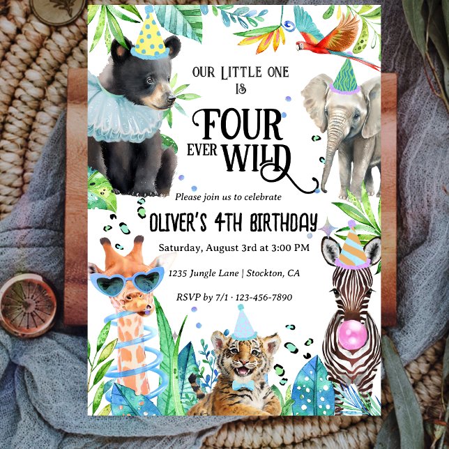 Four Ever Wild Leopard Safari Animals 4th Birthday Invitation (Creator Uploaded)