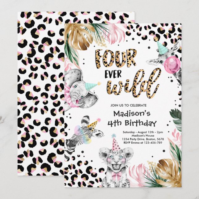 Four Ever Wild Leopard Safari Animals 4th Birthday Invitation (Front/Back)
