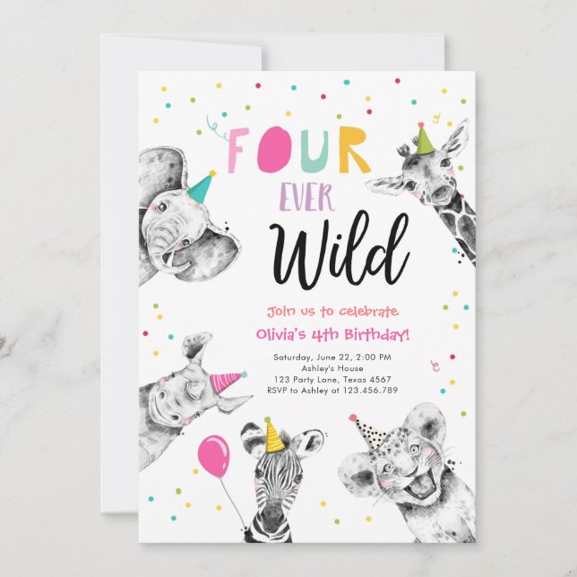 Four Ever Wild Party Animals Safari Girl Birthday Invitation (Front)