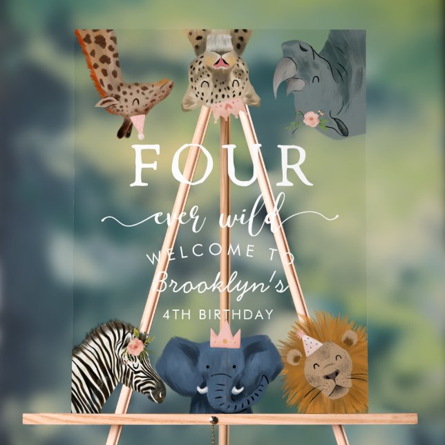 Four Ever Wild Pink Safari Birthday Welcome Acrylic Sign (Neutral)
