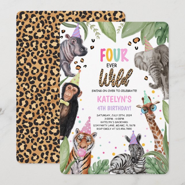 FOUR Ever Wild Safari 4th Birthday Invitation (Front/Back)