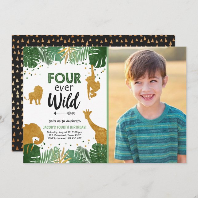 Four Ever Wild Safari Animal Boy Birthday Invitation (Front/Back)