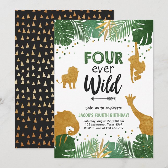 Four Ever Wild Safari Animal Boy Birthday Invitation (Front/Back)