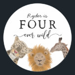 FOUR ever wild Safari Animal Party Favour Classic Round Sticker<br><div class="desc">Cute safari theme kid's 4th birthday party favour sticker featuring hand drawn illustration of a snow leopard,  lion,  and a giraffe. The text at the top says "XX is FOUR ever wild" Great for a boy's party!</div>