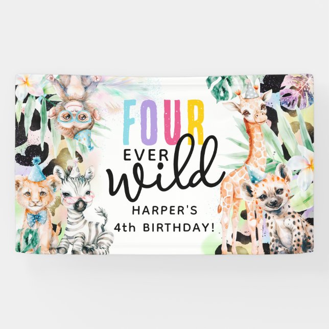 FOUR ever Wild! Safari Animals 4th Birthday Banner (Horizontal)